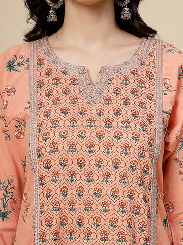 Women Orange  Color Printed Embroidery A-line kurta