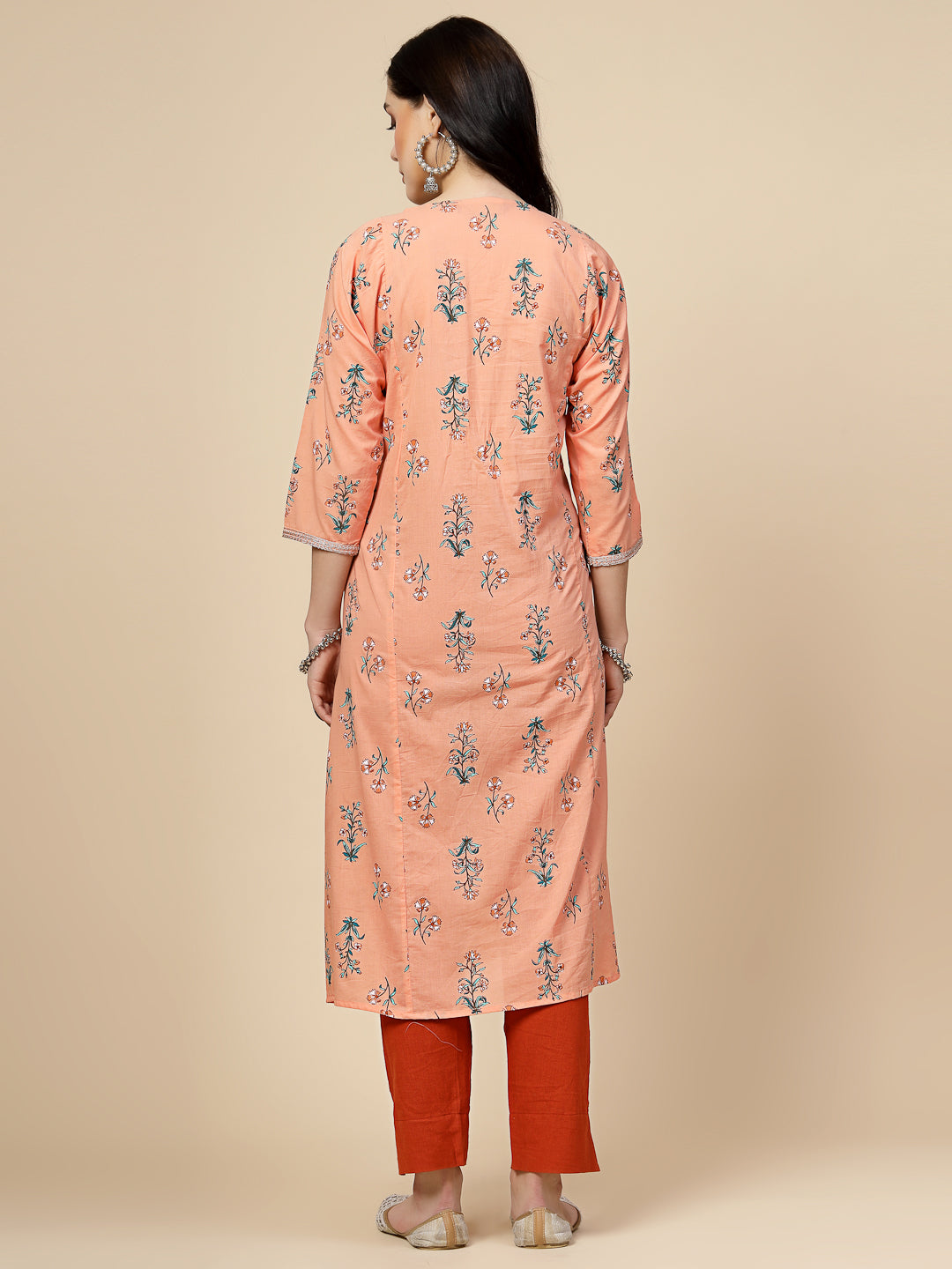 Women Orange  Color Printed Embroidery A-line kurta