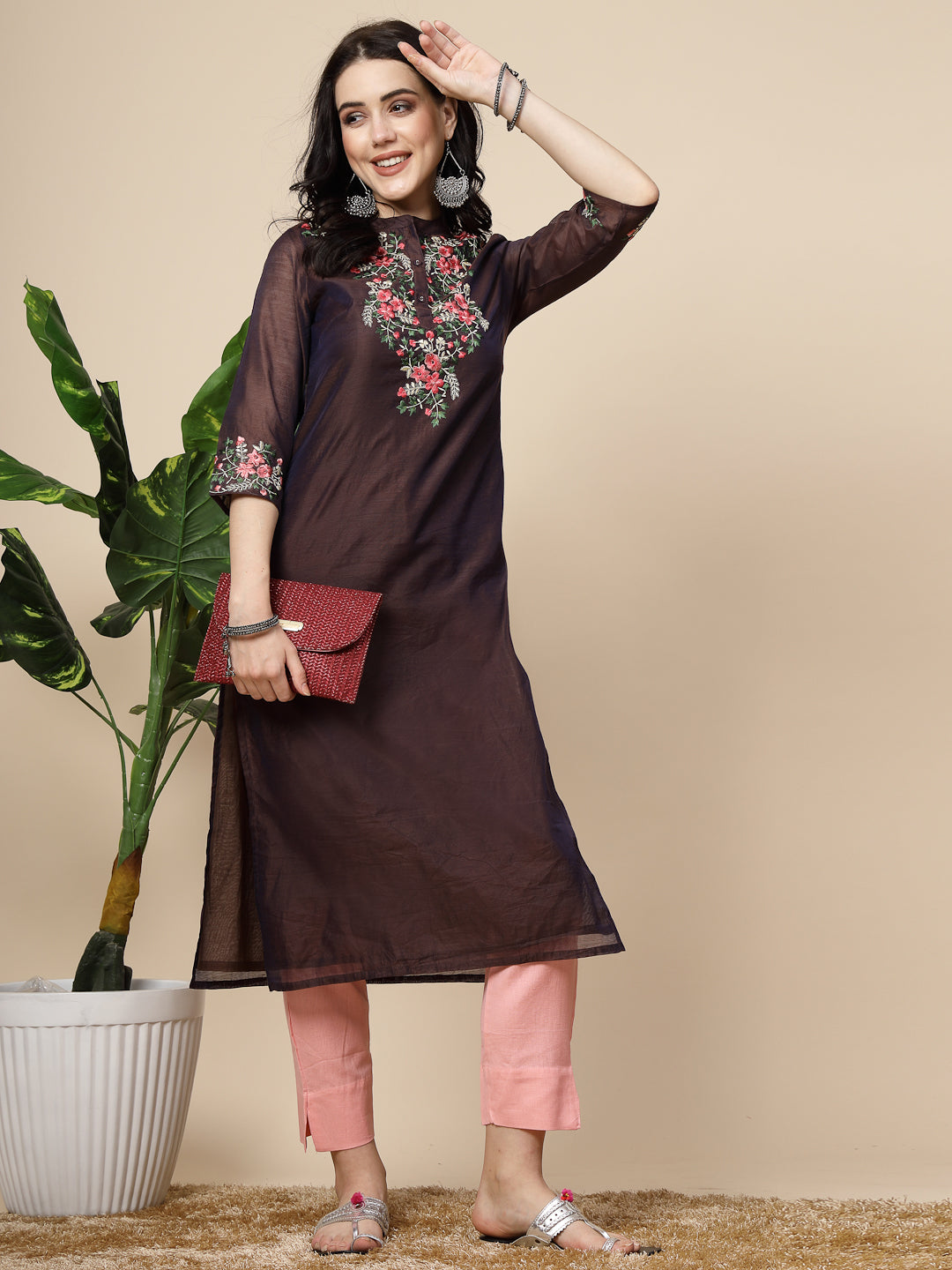 Women Brown Color Embroidery Staright kurta