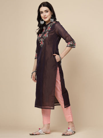 Women Brown Color Embroidery Staright kurta