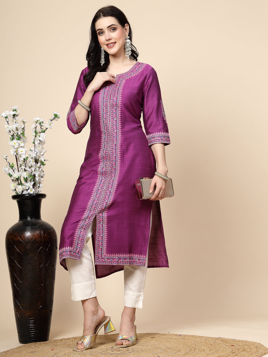 Women Purple Color Embroidery kurta