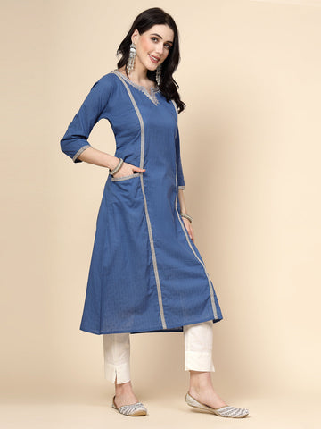 Women Blue Color Embroidery A-line kurta