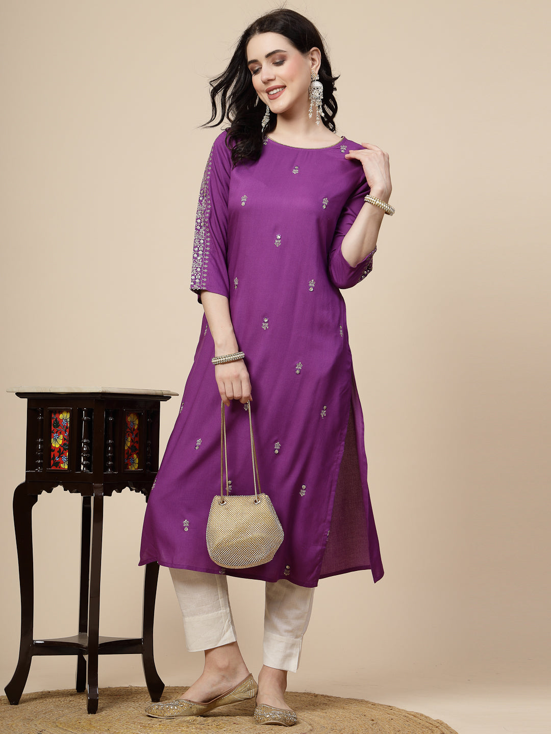 Women Purple Color Embroidery Staright kurta