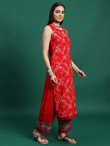 Women Red Color Embroidery Embellished Cut Sleeve Kurta Pant With Dupatta set