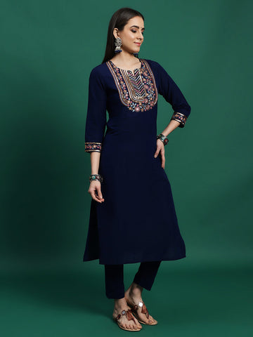 Women Blue Color Embroidery Embellished Kurta Pant With Dupatta set