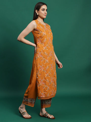 Women Mustard Color Embroidery Embellished Cut Sleeve Kurta Pant With Dupatta set