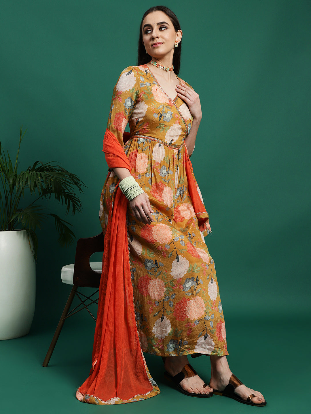 Women Yellow Color Embroidery Embellished Anarkali Kurta Pant With Dupatta set