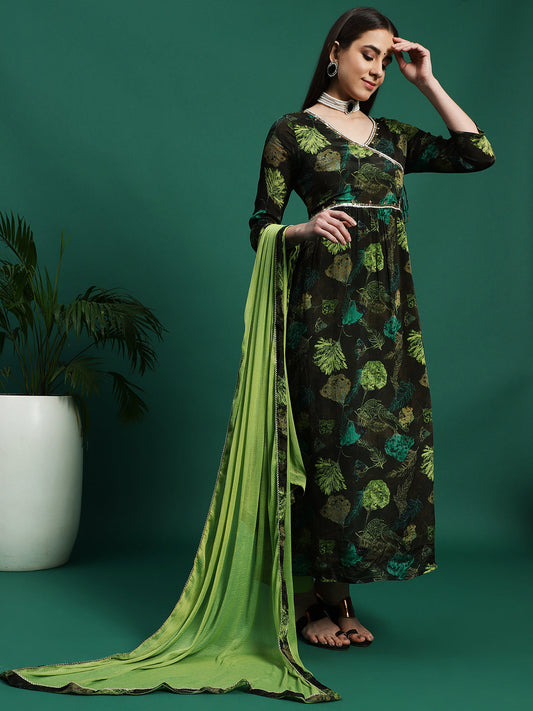 Women Green Color Embroidery Embellished Anarkali Kurta Pant With Dupatta set