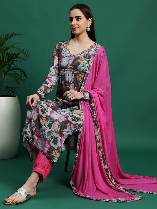 Women Grey Color Embroidery Embellished Kurta Pant With Dupatta set