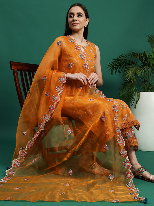 Women Mustard Color Embroidery Embellished Cut Sleeve Kurta Pant With Dupatta set