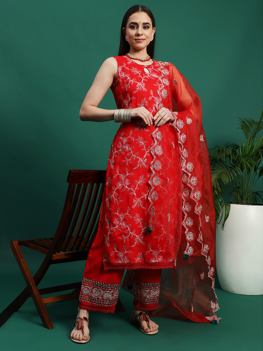 Women Red Color Embroidery Embellished Cut Sleeve Kurta Pant With Dupatta set