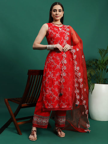 Women Red Color Embroidery Embellished Cut Sleeve Kurta Pant With Dupatta set