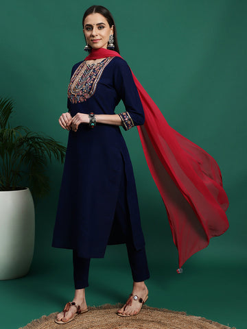 Women Blue Color Embroidery Embellished Kurta Pant With Dupatta set
