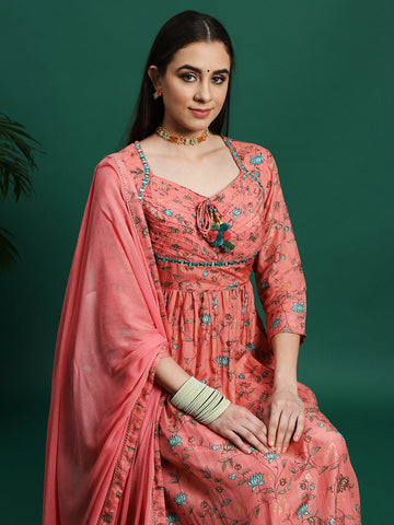 Women Peach Color Embroidery Embellished Kurta Pant With Dupatta set