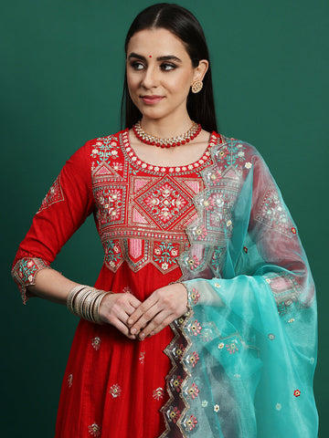 Women Red Color Embroidery Embellished Anarkali Kurta Pant With Dupatta set