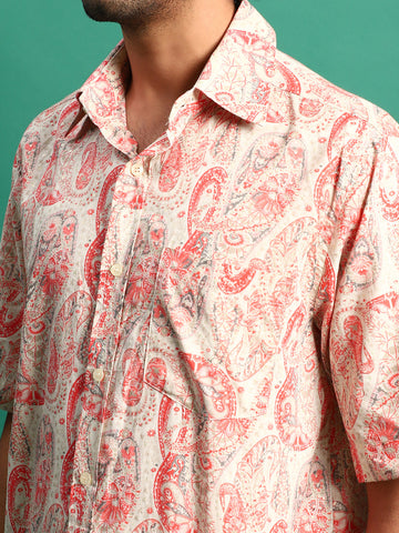 Men's Peach Color Printed Shirt
