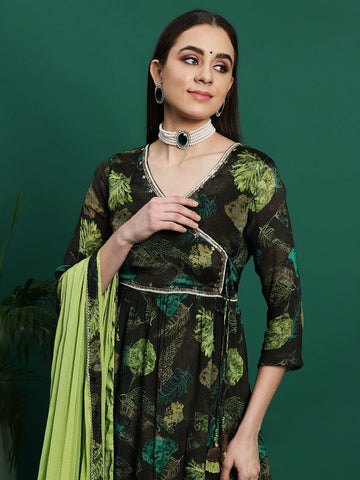 Women Green Color Embroidery Embellished Anarkali Kurta Pant With Dupatta set