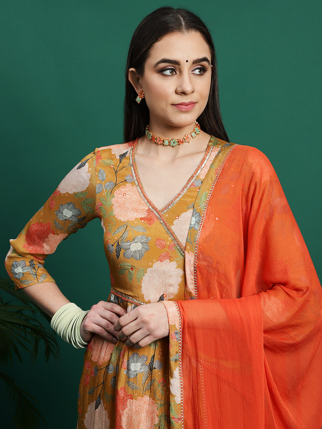 Women Yellow Color Embroidery Embellished Anarkali Kurta Pant With Dupatta set