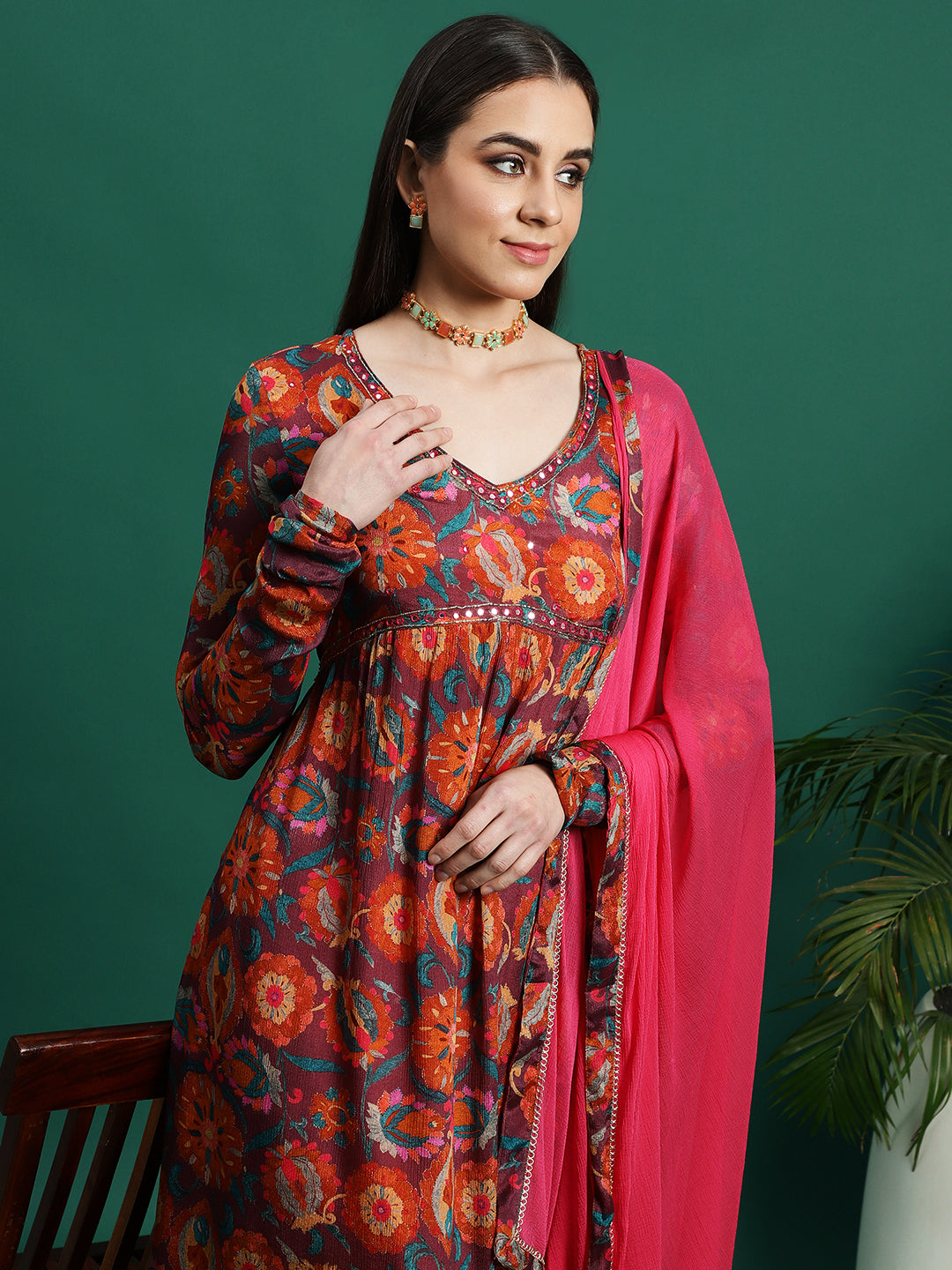 Women Orange Color Embroidery Embellished Anarkali Kurta Pant With Dupatta set