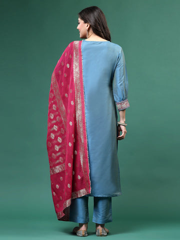 Women Blue Color Embroidery Kurta Pant With Dupatta Set