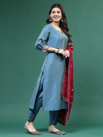 Women Blue Color Embroidery Kurta Pant With Dupatta Set