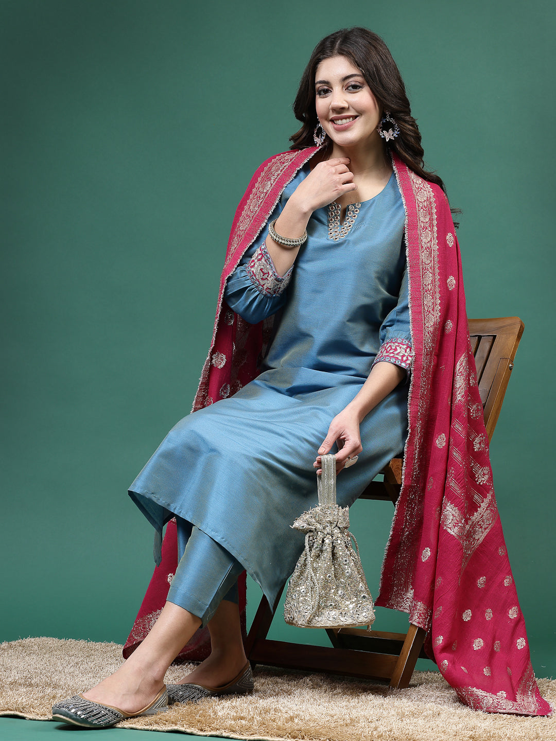 Women Blue Color Embroidery Kurta Pant With Dupatta Set