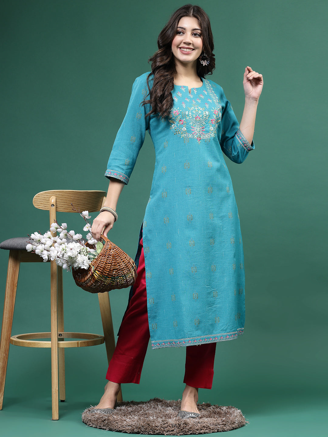 Women Turquoise Blue Color Embroidery Kurta