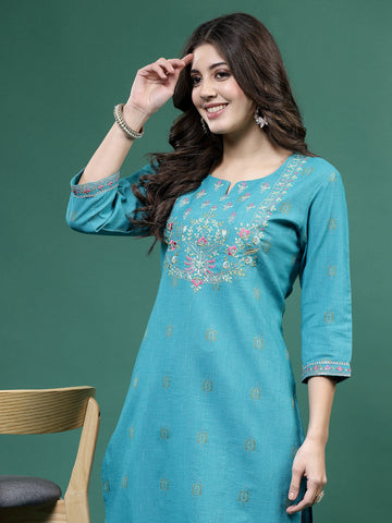 Women Turquoise Blue Color Embroidery Kurta