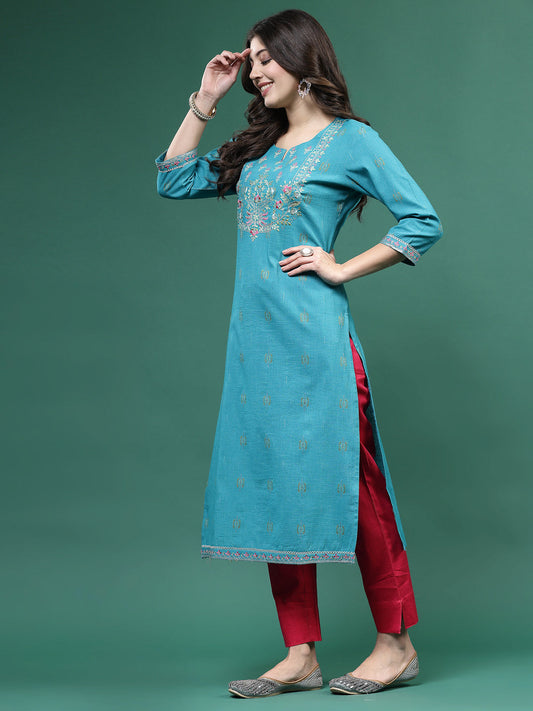 Women Turquoise Blue Color Embroidery Kurta