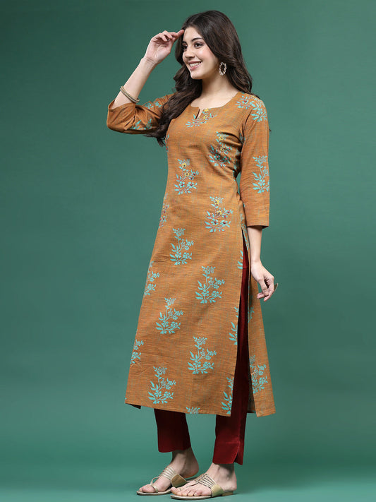 Women Beige  Color Thread Work Printed Kurta