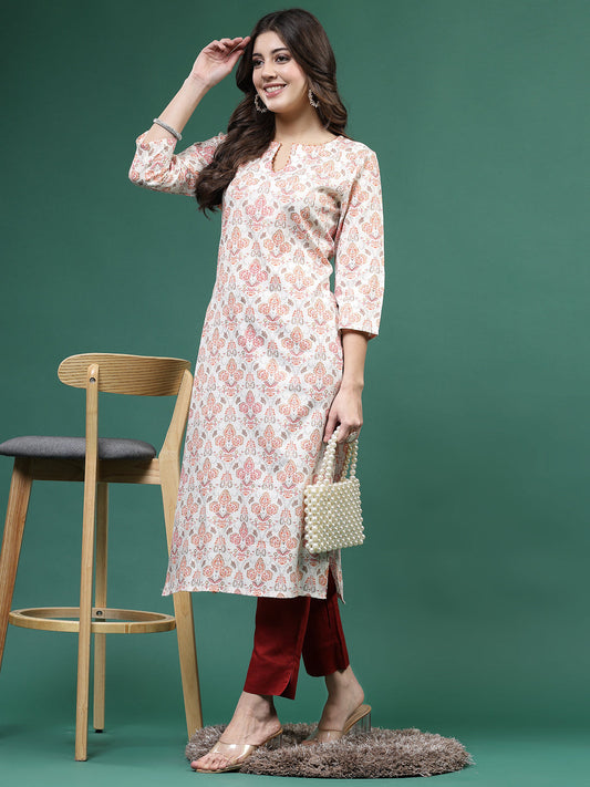 Women White  Color Thread Work Printed Kurta