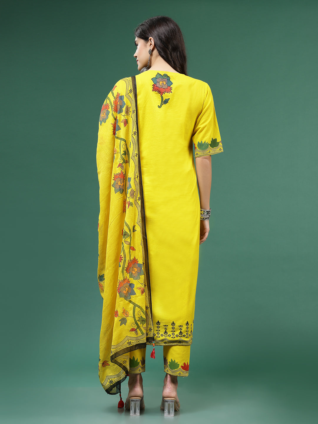 Women Yellow Web design Kurta Pant With Dupatta Set
