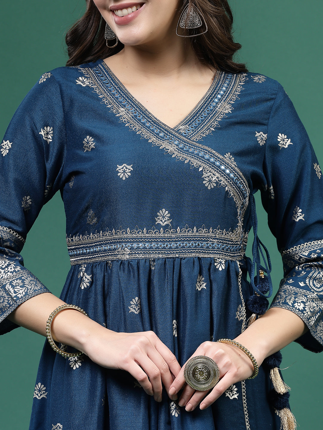 Women Blue Color Embroidery Angrekha Kurta Pant With Dupatta Set