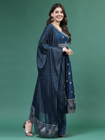 Women Blue Color Embroidery Angrekha Kurta Pant With Dupatta Set