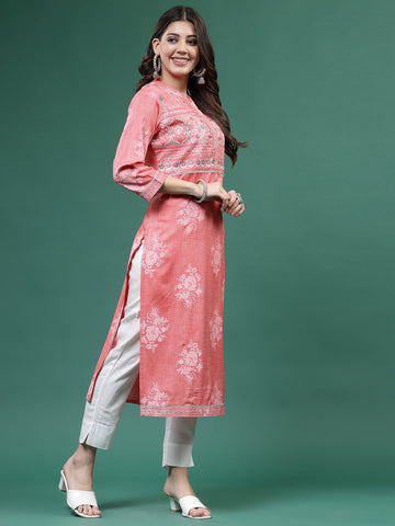 Women Peach  Color Embroidery Printed Kurta