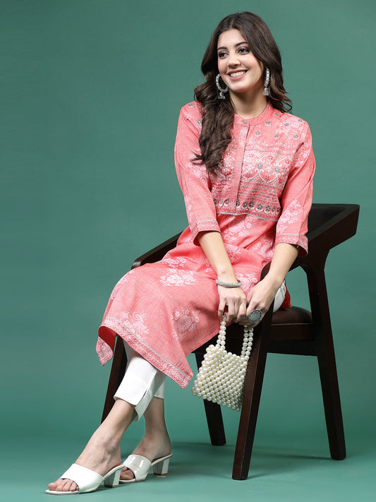 Women Peach  Color Embroidery Printed Kurta