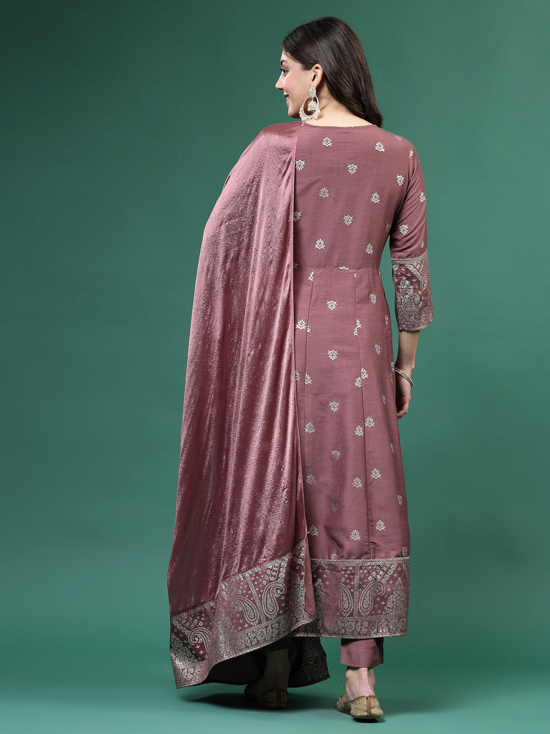 Women Mauve Color Embroidery Angrekha Kurta Pant With Dupatta Set