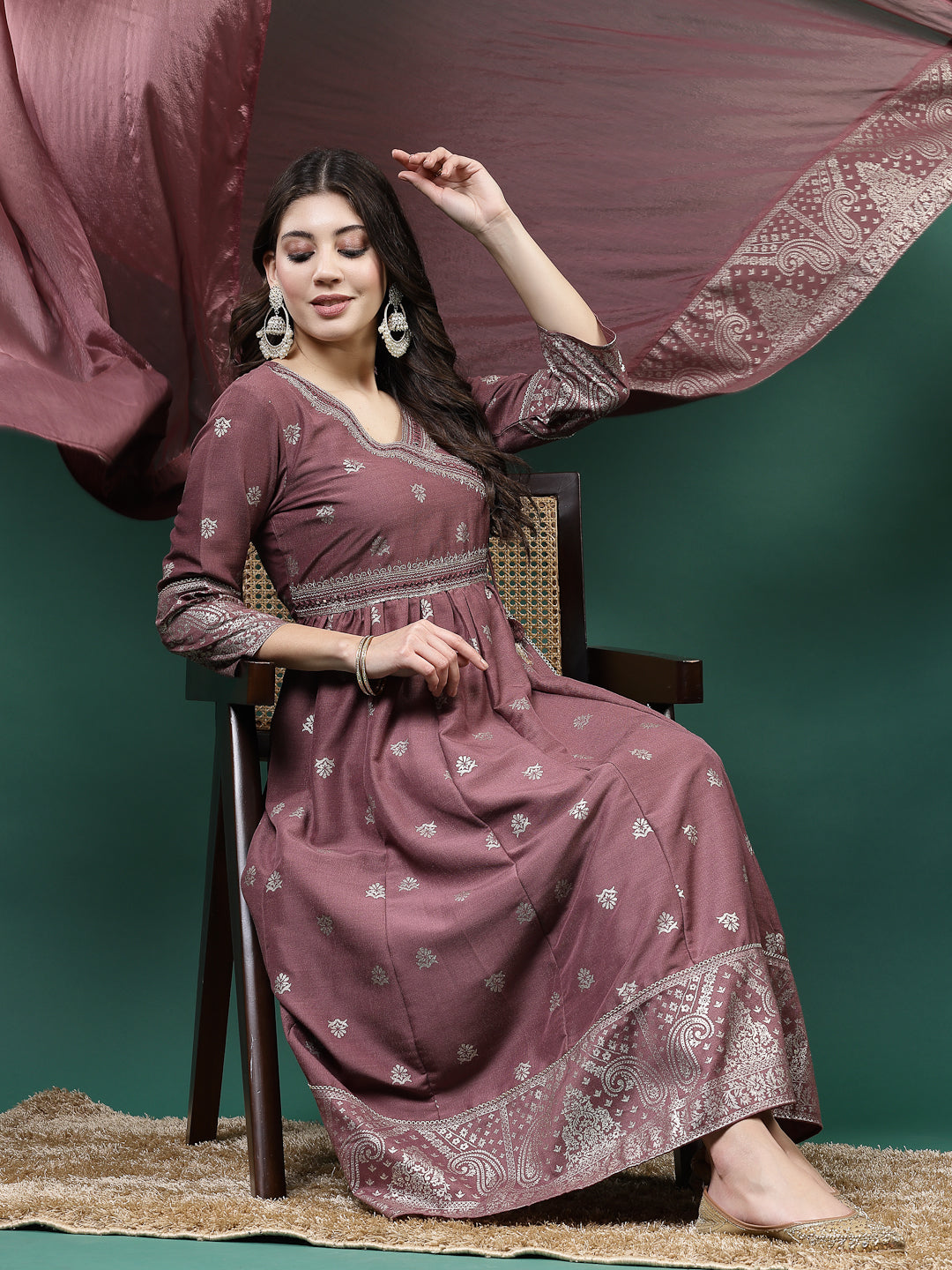 Women Mauve Color Embroidery Angrekha Kurta Pant With Dupatta Set