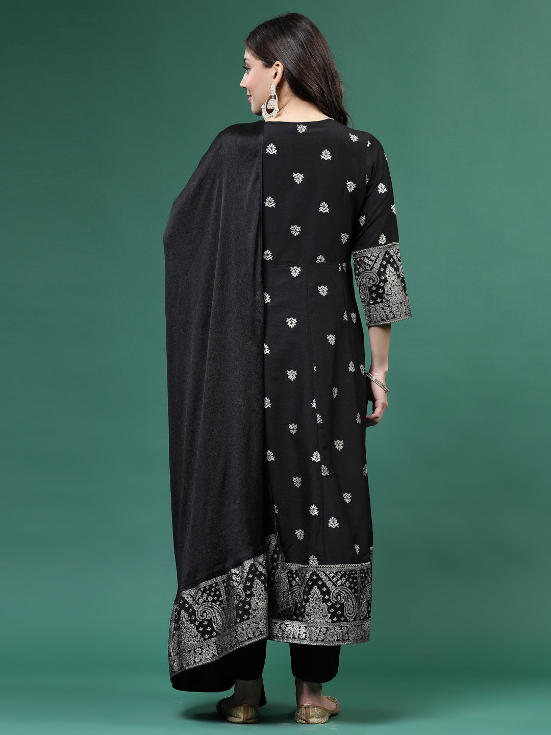 Women Black Color Embroidery Angrekha Kurta Pant With Dupatta Set