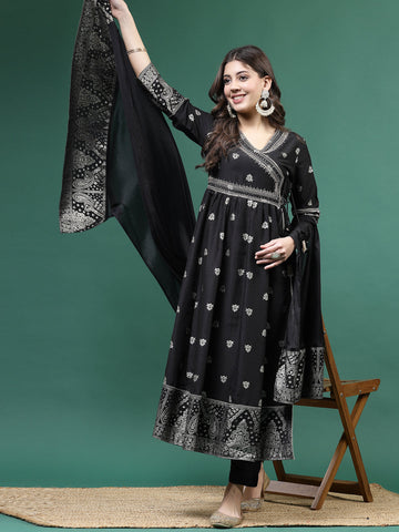 Women Black Color Embroidery Angrekha Kurta Pant With Dupatta Set