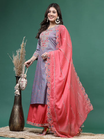 Women Gray Color Embroidery Kurta Sharara With Dupatta Set