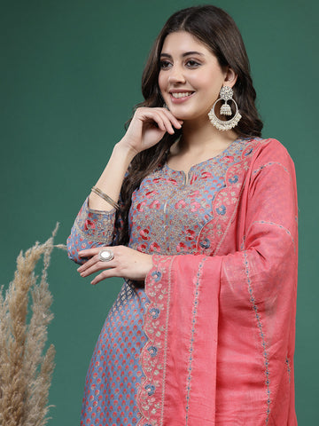 Women Gray Color Embroidery Kurta Sharara With Dupatta Set