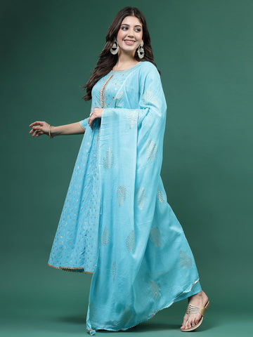 Women Turquoise Blue Color Embroidery Kurta Palazzo With Dupatta Set