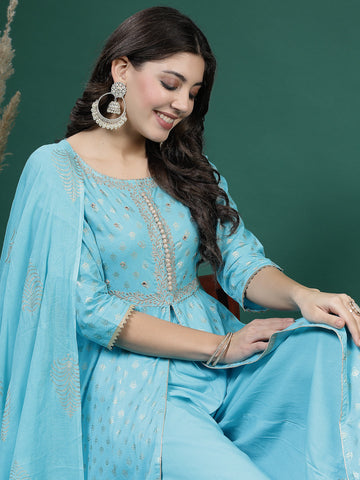 Women Turquoise Blue Color Embroidery Kurta Palazzo With Dupatta Set