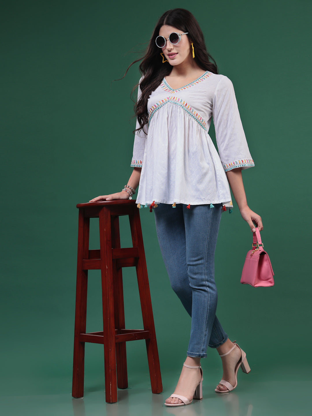 Women White Embroidery  Top