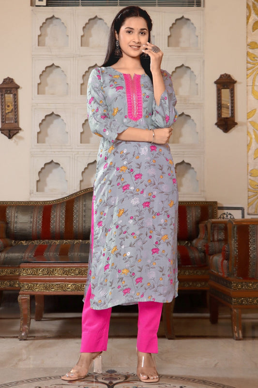 Women Grey Color Emboridery Staright Kurta