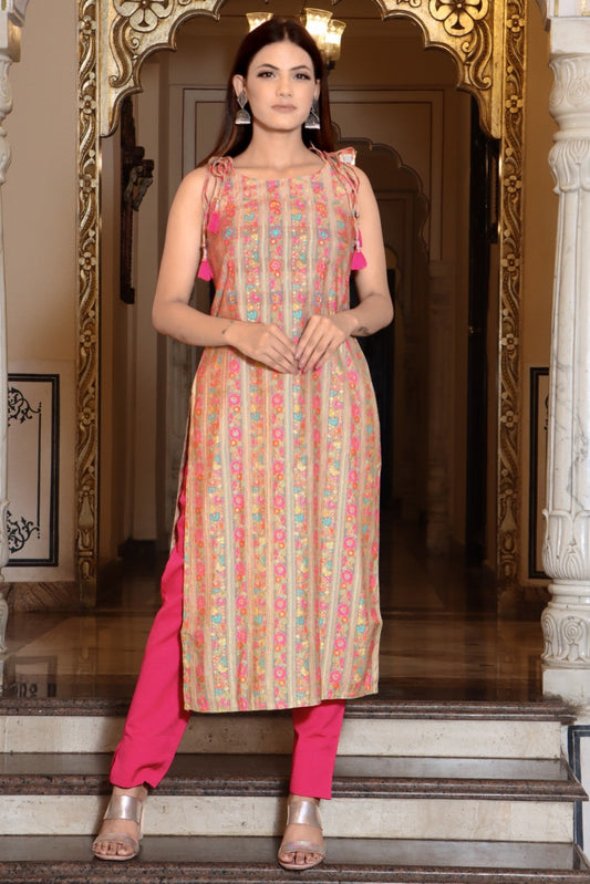 Women Beige Color Embroidery &Printed Cut Sleeve Staright Kurta