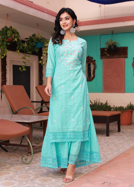 Women Turquoise Embroidery Kurta Sharara Set