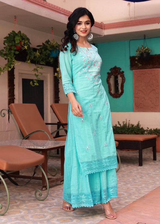 Women Turquoise Embroidery Kurta Sharara Set