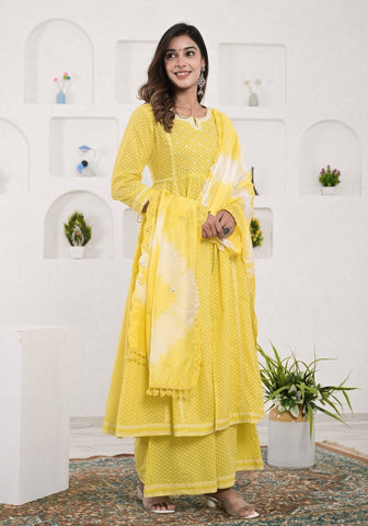 Women Lime Green Color Embroidery Embellished A-line Kurta With Pant Dupatta set